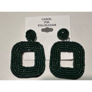 NWT Carol for Eva Graham dark green seed beaded square hoop drop earrings Boho